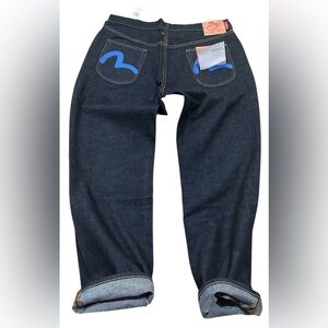 Vtg Evisu soft denim with blue paint logo‎